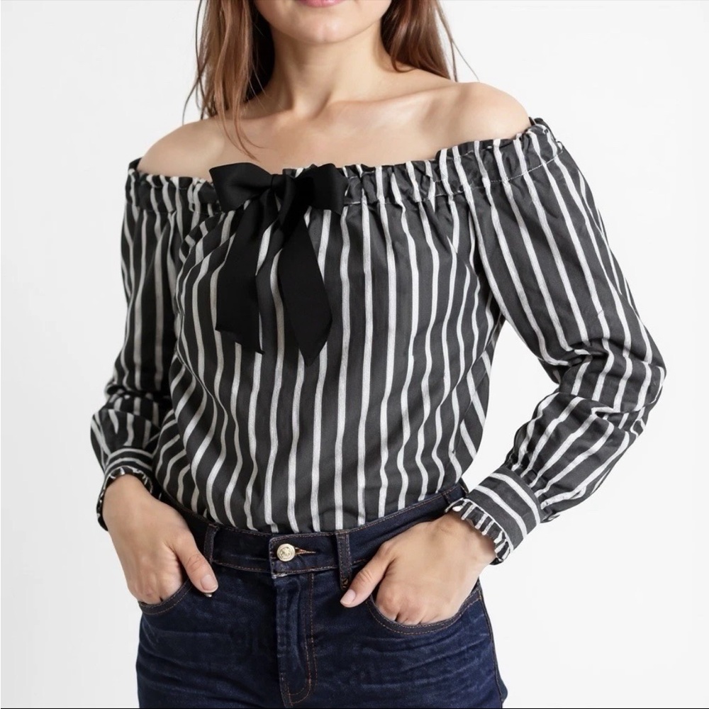 J.Crew Off The Shoulder Striped Poplin Bow Top 100% Cotton Size Medium